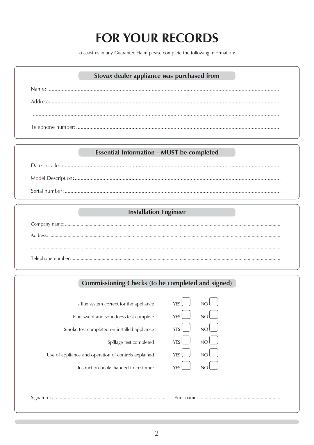 Stovax 7057, 7061lG, 7074, 7075Bl, 7055Bl, 7058lG, 7065lG For Your Records, Commissioning Checks to be completed and signed 